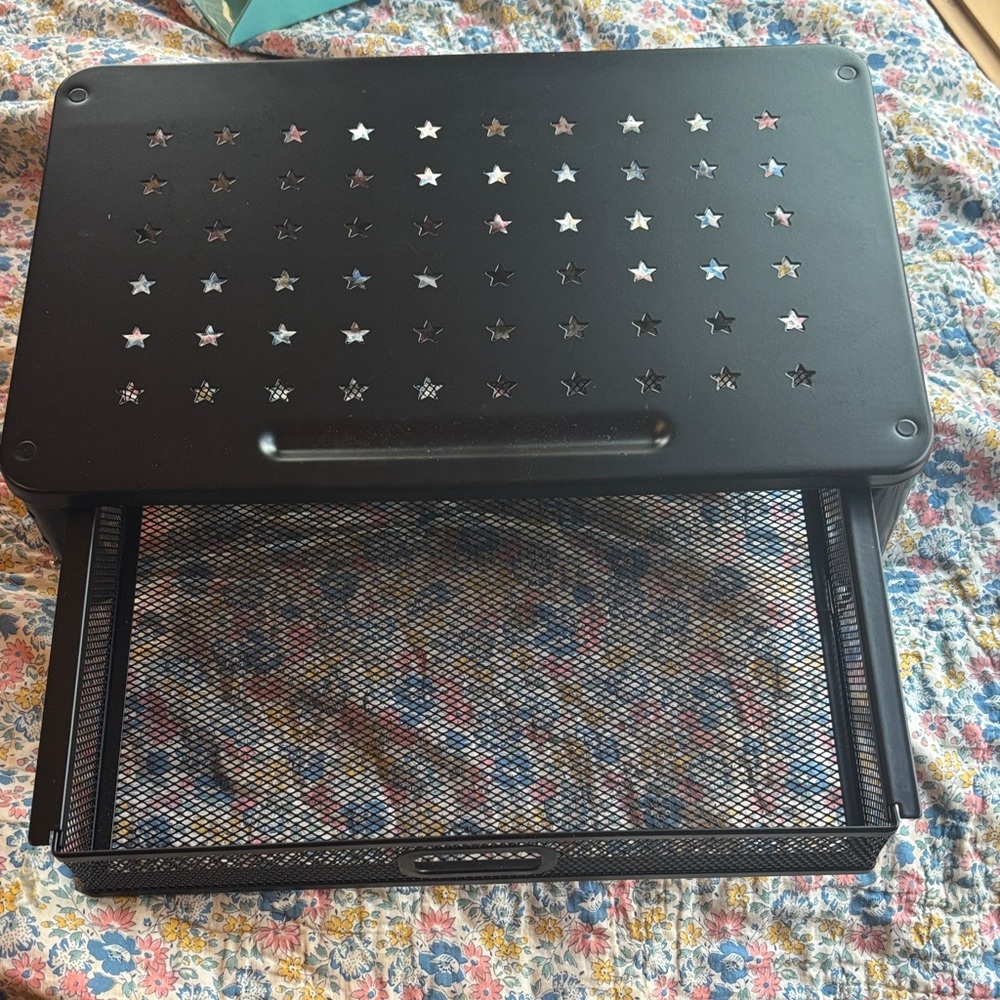 Black Metal Laptop Stand with Star Cutouts and Mesh Drawer